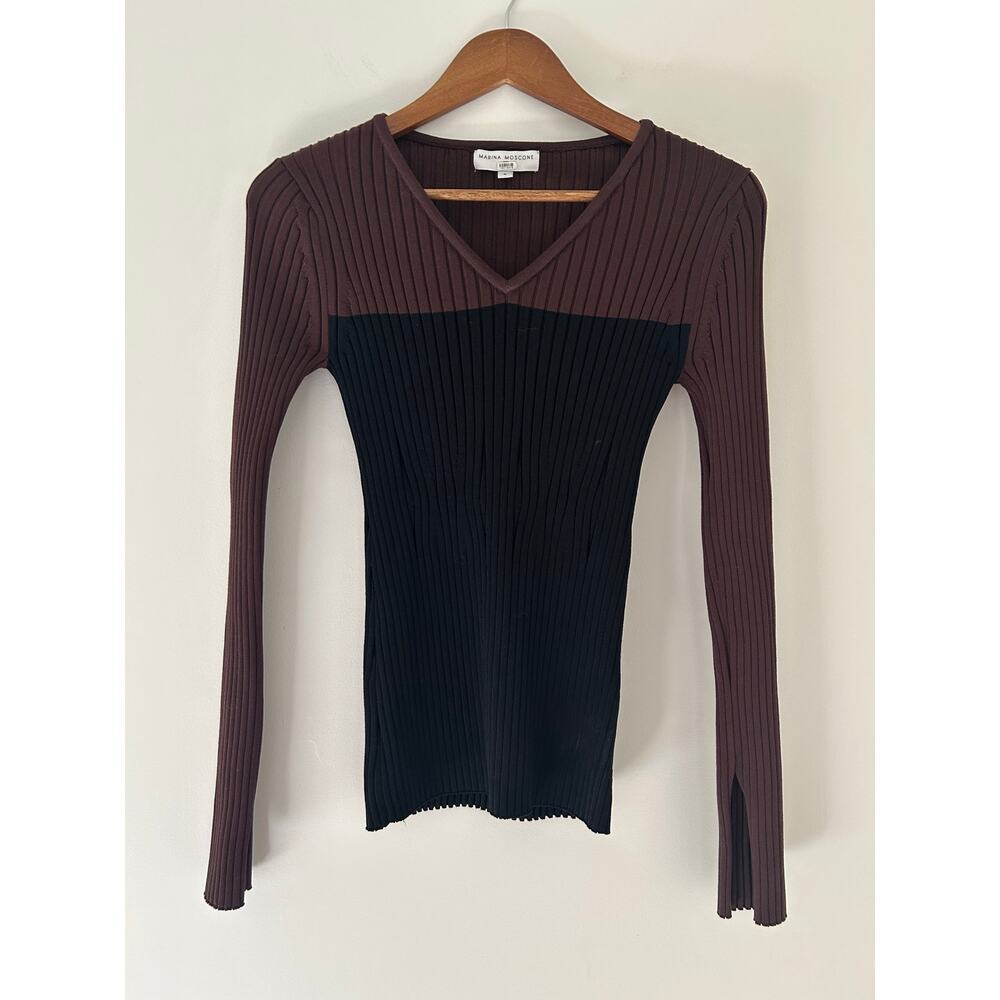 Marina Moscone Colorblock Chocolate Brown Black Ribbed Sweater Fitted EUC Small